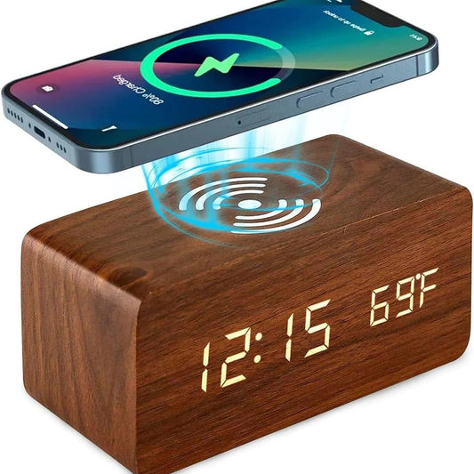 Wooden Digital Alarm Clock, charger